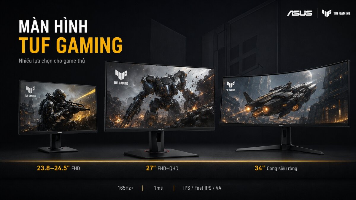 Khám phá đa dạng màn hình ASUS TUF Gaming Hình ảnh ba mẫu màn hình ASUS TUF Gaming với các kích thước và kiểu dáng khác nhau, bao gồm màn hình phẳng 23.8-24.5 inch, màn hình phẳng 27 inch và màn hình cong siêu rộng 34 inch, hiển thị các cảnh game sống động cùng thông số kỹ thuật nổi bật.