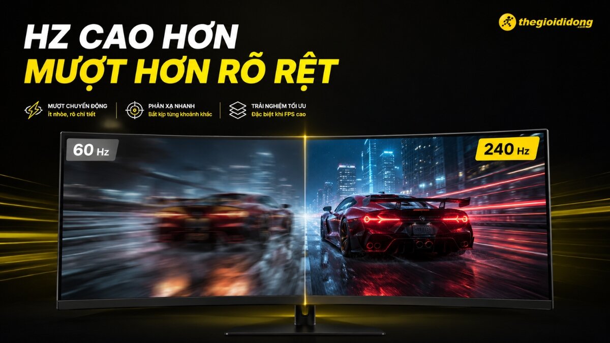 Trải nghiệm hình ảnh mượt mà 240Hz Hình ảnh so sánh hiệu suất hiển thị giữa tần số quét 60 Hz và 240 Hz trên màn hình ASUS TUF Gaming, cho thấy sự khác biệt rõ rệt về độ mượt mà và sắc nét khi chơi game đua xe. Bên trái là hình ảnh mờ nhòe ở 60 Hz và bên phải là hình ảnh sắc nét, mượt mà ở 240 Hz, minh họa trải nghiệm tối ưu hơn với tần số quét cao.
