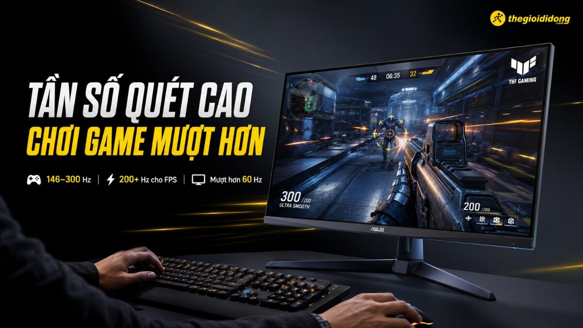 Màn hình ASUS TUF Gaming: Tần số quét cao chơi game mượt Màn hình ASUS TUF Gaming hiển thị cảnh game bắn súng góc nhìn thứ nhất với đồ họa mượt mà, cùng hai bàn tay đang thao tác bàn phím và chuột. Thông tin nổi bật 'Tần số quét cao chơi game mượt hơn' cùng các thông số 146-300 Hz và 200+ Hz cho FPS.