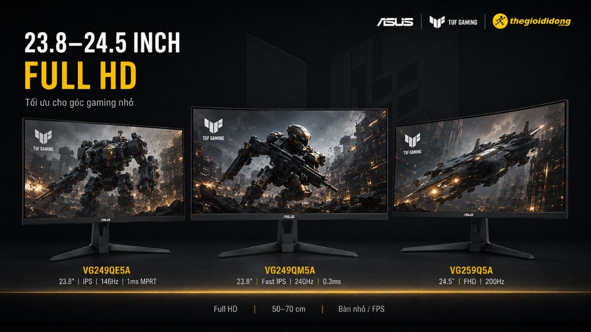 Tổng quan thông số màn hình ASUS TUF Gaming Hình ảnh ba màn hình ASUS TUF Gaming kích thước 23.8 đến 24.5 inch Full HD hiển thị cảnh game, cùng với thông số kỹ thuật chi tiết của từng model VG249QE5A, VG249QM5A và VG259Q5A.