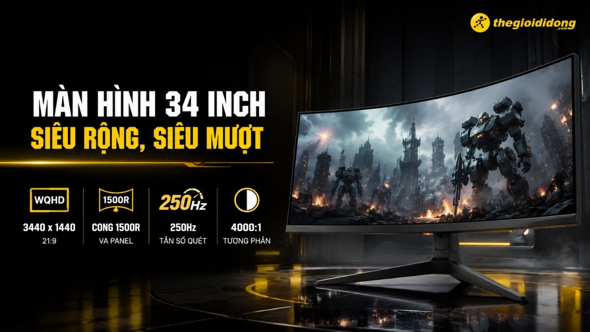 Tổng quan màn hình cong 34 inch siêu rộng, siêu mượt Màn hình cong 34 inch hiển thị cảnh game robot và các thông số kỹ thuật nổi bật như độ phân giải WQHD, tần số quét 250Hz, độ cong 1500R cùng logo Thegioididong.com.
