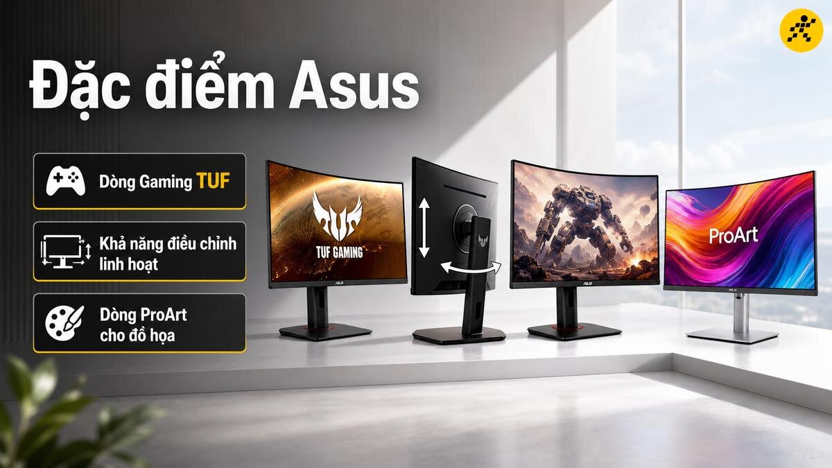 Màn hình cong Asus: Dòng TUF Gaming và ProArt Ba màn hình cong Asus, bao gồm hai màn hình dòng TUF Gaming và một màn hình dòng ProArt, hiển thị các nội dung khác nhau.
