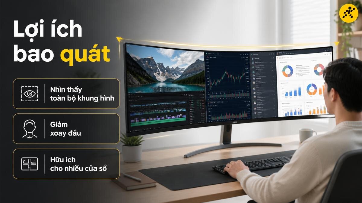 Màn hình cong: Tối ưu trải nghiệm đa nhiệm, giảm mỏi mắt Người dùng sử dụng màn hình cong hiển thị nhiều cửa sổ làm việc cùng lúc, bao gồm biểu đồ tài chính và khung chỉnh sửa video.
