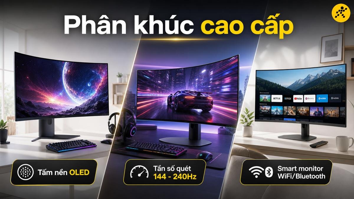 Trải nghiệm hình ảnh đỉnh cao với màn hình cong đa năng Ba màn hình cong hiển thị với các nội dung khác nhau: một màn hình hiển thị vũ trụ bao la, một màn hình hiển thị siêu xe trên đường phố ban đêm, và một màn hình hiển thị giao diện thông minh với các ứng dụng giải trí.