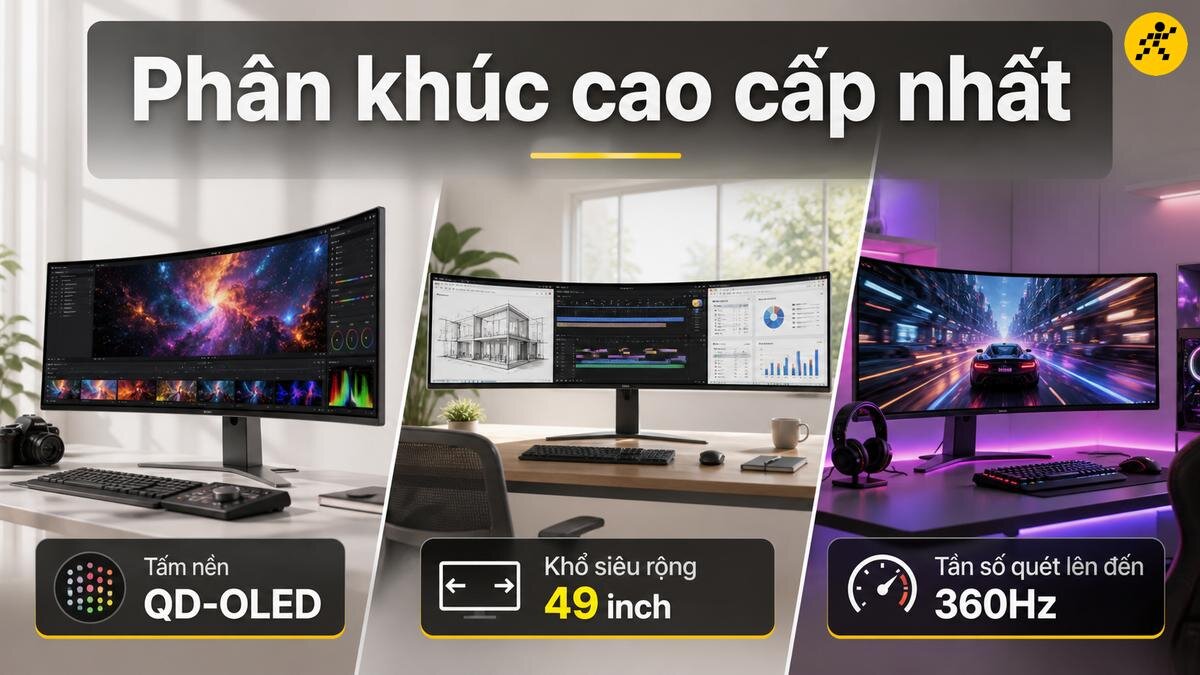 Trải nghiệm đỉnh cao với màn hình cong đa nhiệm Ba màn hình cong hiển thị các nội dung khác nhau: chỉnh sửa video, bản vẽ kiến trúc và đồ họa, đua xe.