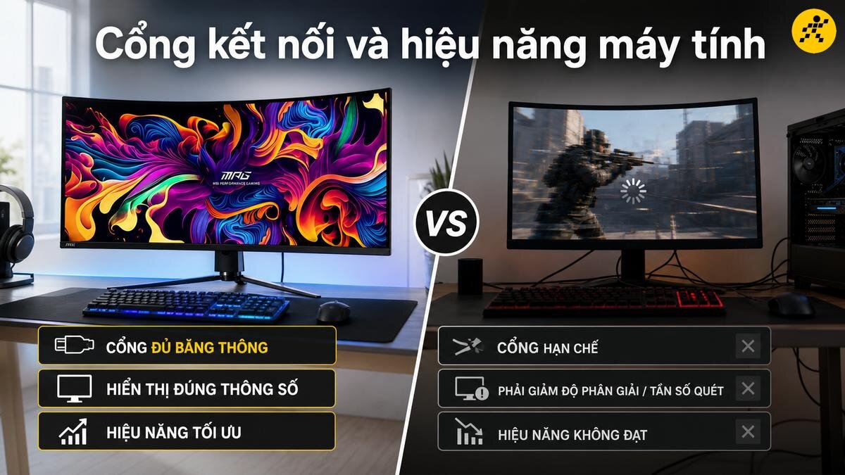 So sánh màn hình cong: Kết nối đầy đủ và hiệu năng tối ưu Hai màn hình cong được đặt cạnh nhau để so sánh, một bên hiển thị hình ảnh đầy màu sắc và các thông số kết nối đầy đủ, bên còn lại hiển thị cảnh game hành động và các hạn chế về kết nối, độ phân giải.