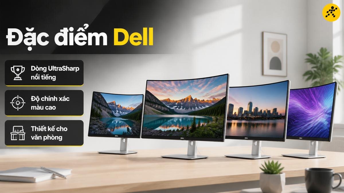Màn hình cong Dell UltraSharp: Nâng tầm trải nghiệm hình ảnh Ba màn hình cong Dell UltraSharp với các hình ảnh phong cảnh và nghệ thuật sống động được đặt cạnh nhau trên bàn làm việc.