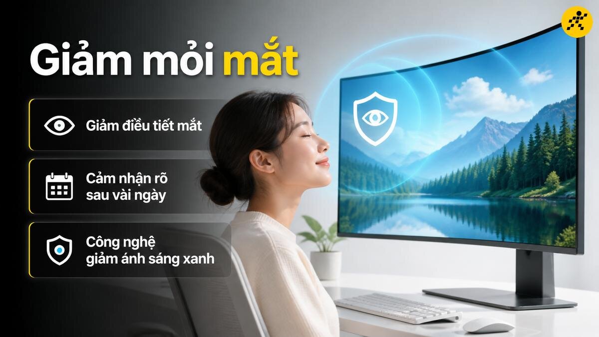 Giảm mỏi mắt với công nghệ màn hình cong hiện đại Người phụ nữ ngồi trước màn hình cong, nhắm mắt thư giãn, với các biểu tượng cho thấy giảm mỏi mắt và công nghệ giảm ánh sáng xanh