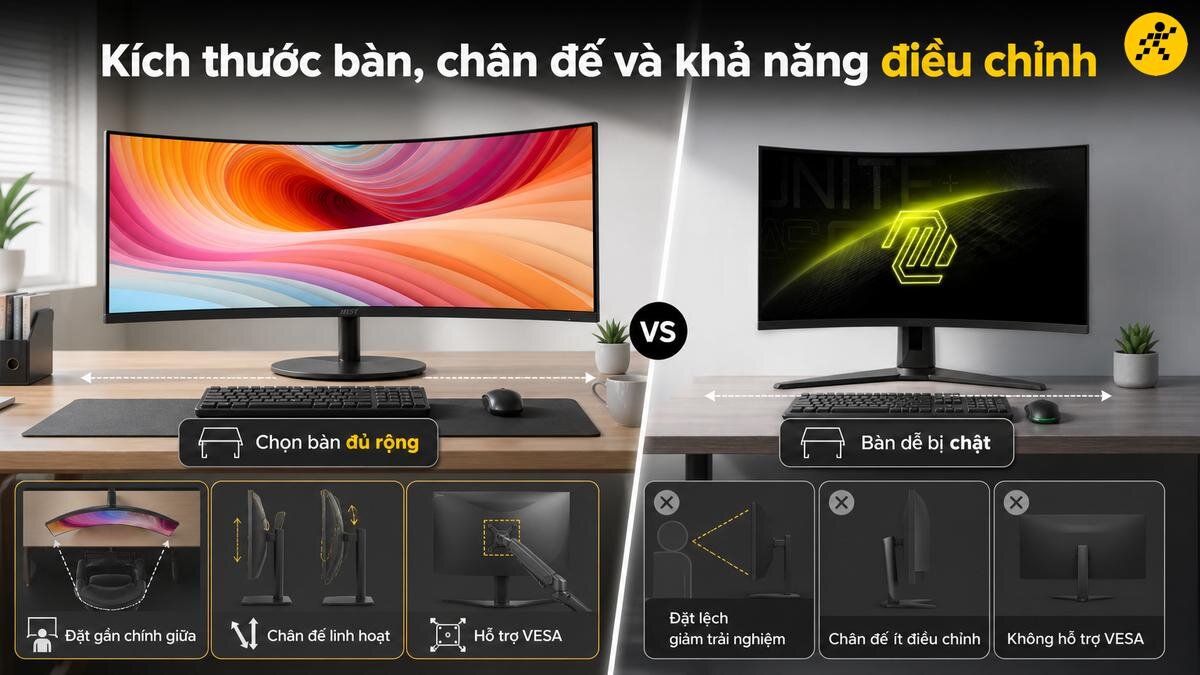 Ưu điểm của chân đế màn hình cong linh hoạt So sánh hai loại chân đế màn hình cong, một loại rộng rãi cho phép điều chỉnh đa hướng và hỗ trợ VESA, loại còn lại hẹp gây chật chội và hạn chế khả năng điều chỉnh.