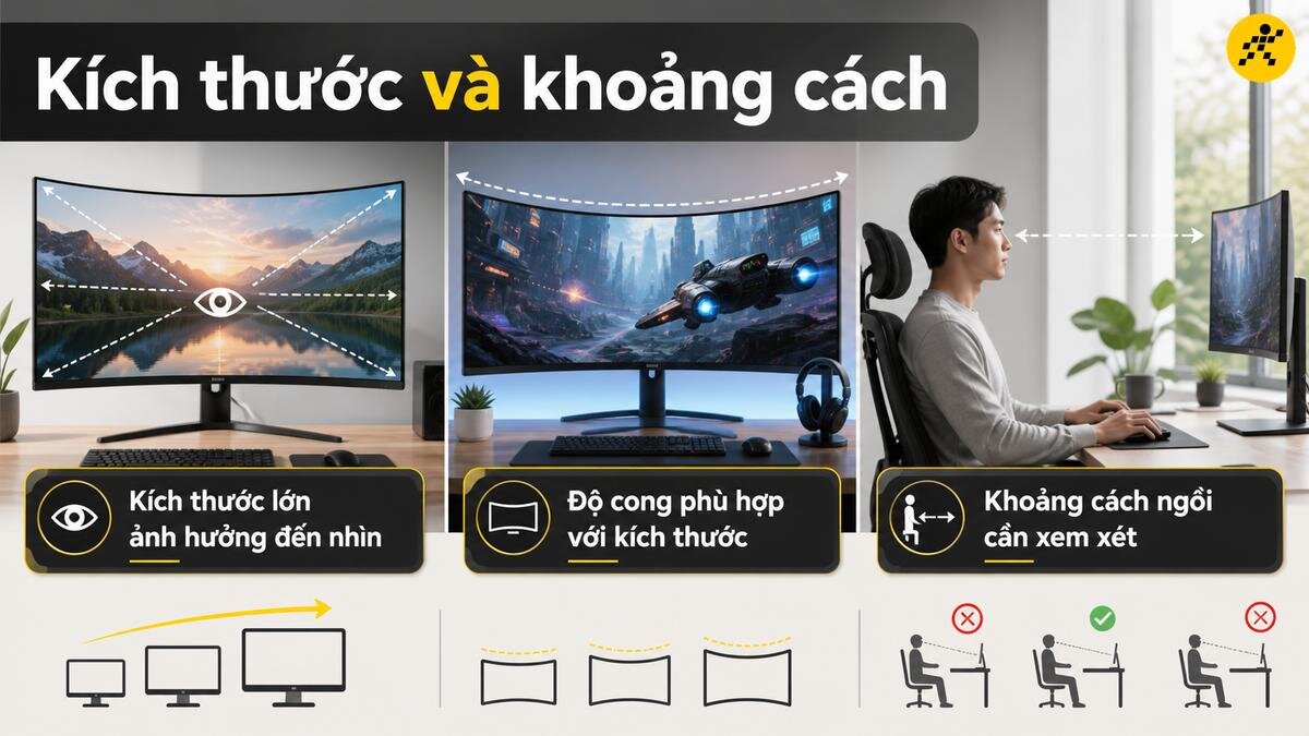 Kích thước và khoảng cách khi sử dụng màn hình cong Hình ảnh minh họa các yếu tố kích thước, độ cong và khoảng cách khi sử dụng màn hình cong cho trải nghiệm tốt nhất.