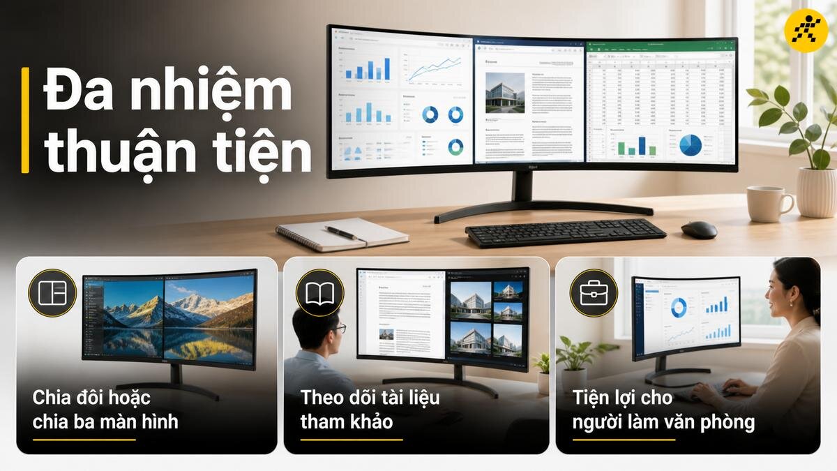 Tối ưu hóa đa nhiệm với màn hình cong Màn hình cong hiển thị nhiều cửa sổ ứng dụng, bao gồm biểu đồ, văn bản và hình ảnh, đặt trên bàn làm việc cùng bàn phím, chuột và sổ tay.