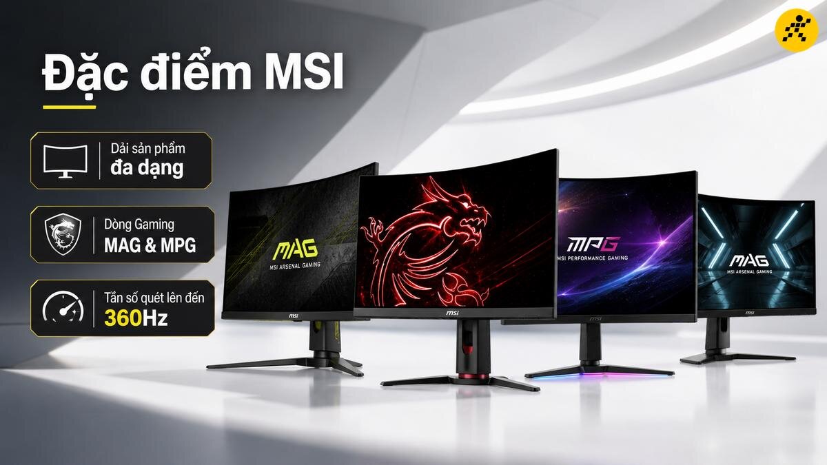 Đặc điểm màn hình cong MSI Gaming MAG & MPG Nhiều màn hình cong MSI Gaming với các dòng MAG và MPG, nổi bật là tần số quét 360Hz.