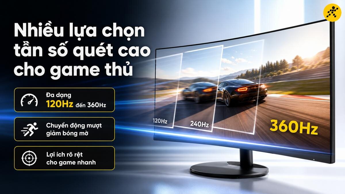 Tận hưởng tần số quét cao lên đến 360Hz Màn hình cong hiển thị đa dạng tần số quét từ 120Hz đến 360Hz cho game thủ, mang đến chuyển động mượt mà và lợi ích rõ rệt khi chơi game nhanh.