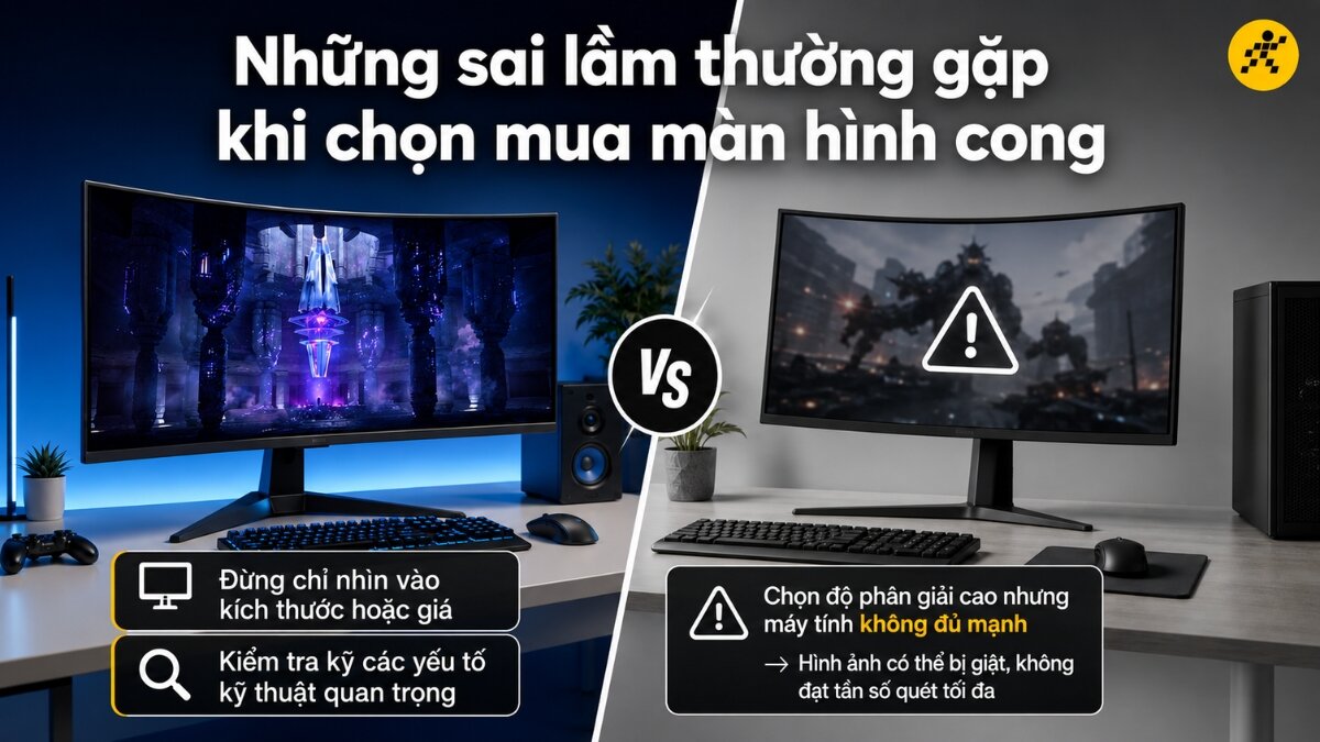 Những sai lầm thường gặp khi chọn mua màn hình cong So sánh hai màn hình máy tính, một bên là màn hình cong hiển thị hình ảnh game ấn tượng, bên cạnh là màn hình gặp lỗi cảnh báo.