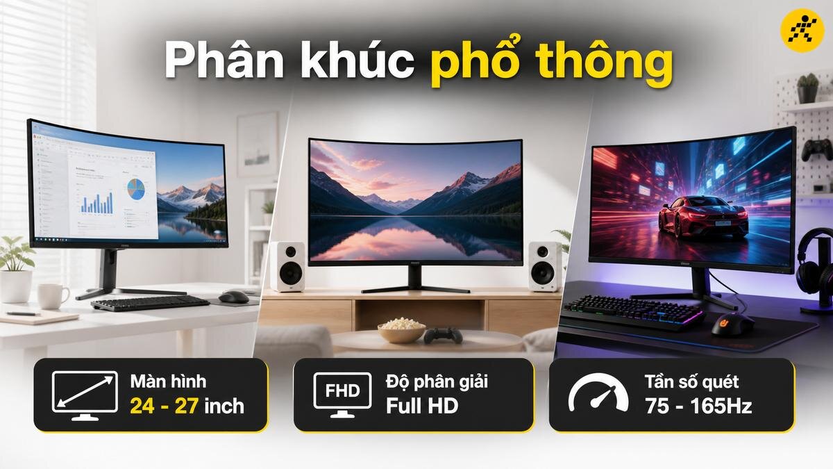 Các loại màn hình cong phổ biến hiện nay Ba màn hình cong với các kích thước và độ phân giải khác nhau, cùng với phụ kiện đi kèm.