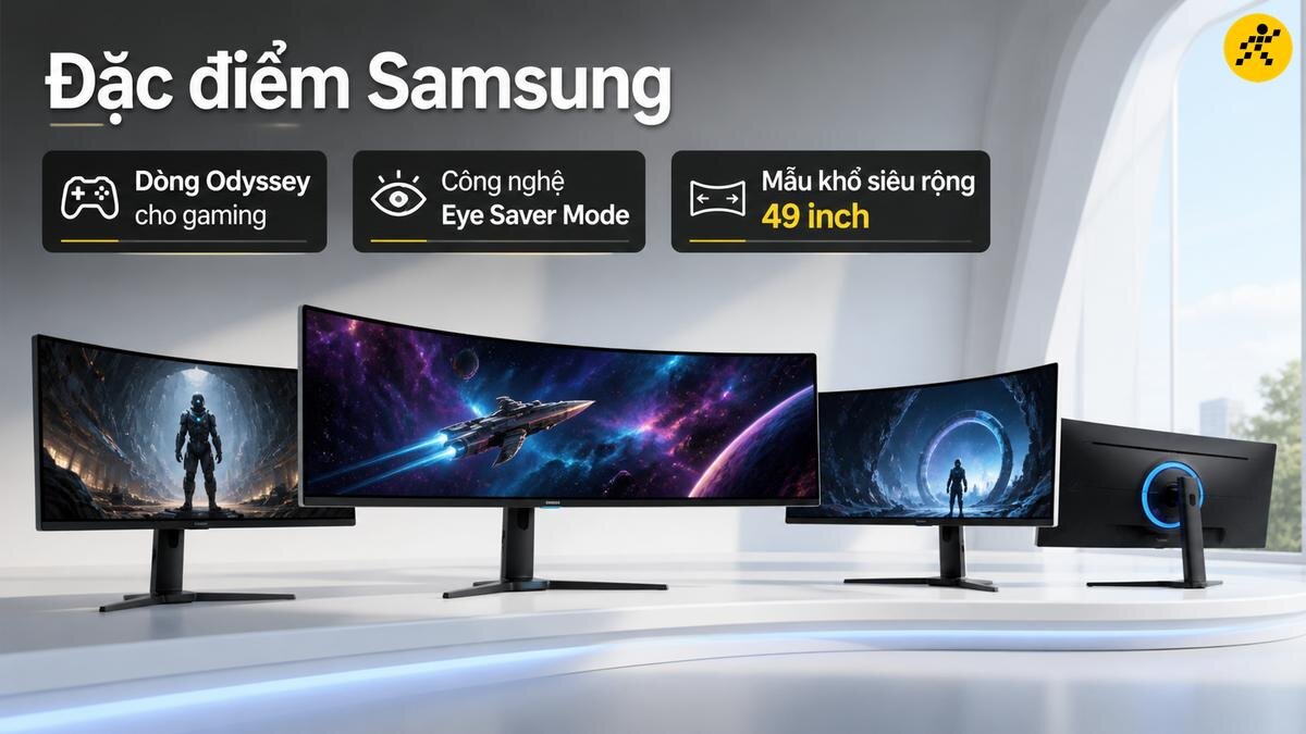 Màn hình cong Samsung Odyssey 49 inch Hình ảnh hiển thị nhiều màn hình cong Samsung với các chủ đề game và không gian vũ trụ, cùng các thông tin nổi bật về dòng Odyssey, công nghệ Eye Saver Mode và kích thước 49 inch.