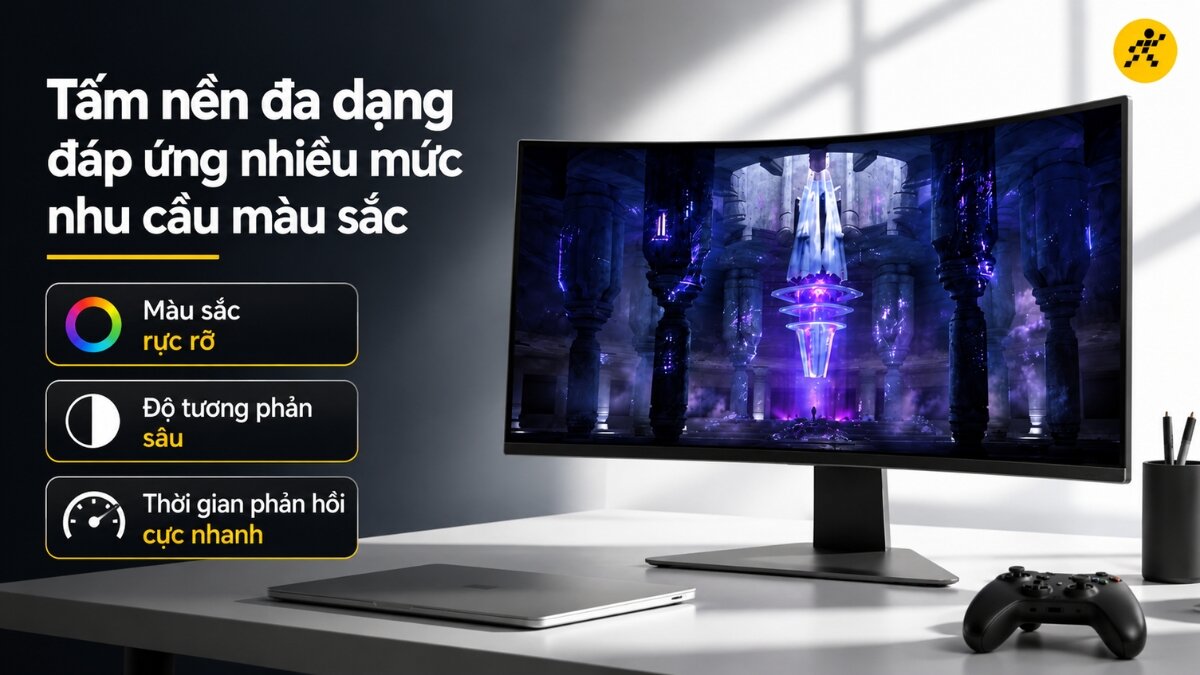 Trải nghiệm hình ảnh sống động trên màn hình cong Màn hình cong hiển thị hình ảnh với màu sắc rực rỡ, độ tương phản sâu và thời gian phản hồi cực nhanh