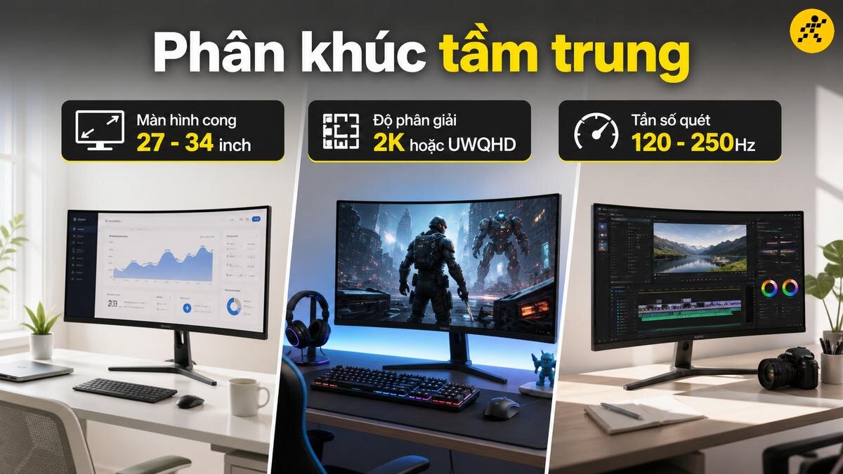 Màn hình cong: Kích thước, độ phân giải và tần số quét Ba màn hình cong với các kích thước và độ phân giải khác nhau, thể hiện tính linh hoạt cho nhiều nhu cầu sử dụng.