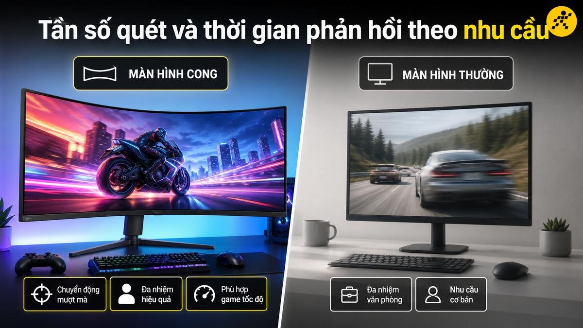 Chọn màn hình cong hay màn hình thường: Tần số quét và phản hồi So sánh màn hình cong hiển thị hình ảnh đua xe và màn hình thường hiển thị hình ảnh xe chạy trên đường, kèm theo các biểu tượng chức năng.