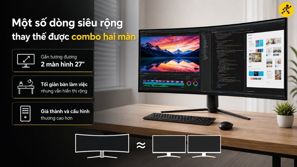 Màn hình cong thay thế combo 2 màn hình Một màn hình cong siêu rộng hiển thị song song các cửa sổ làm việc như chỉnh sửa video, code và thiết kế website, bên cạnh là bàn phím và chuột.