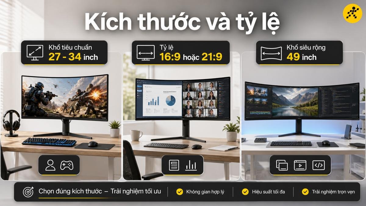 Kích thước và tỷ lệ khung hình màn hình cong Màn hình cong khổ siêu rộng 32:9 và tỷ lệ 21:9 tiêu chuẩn trên bàn làm việc