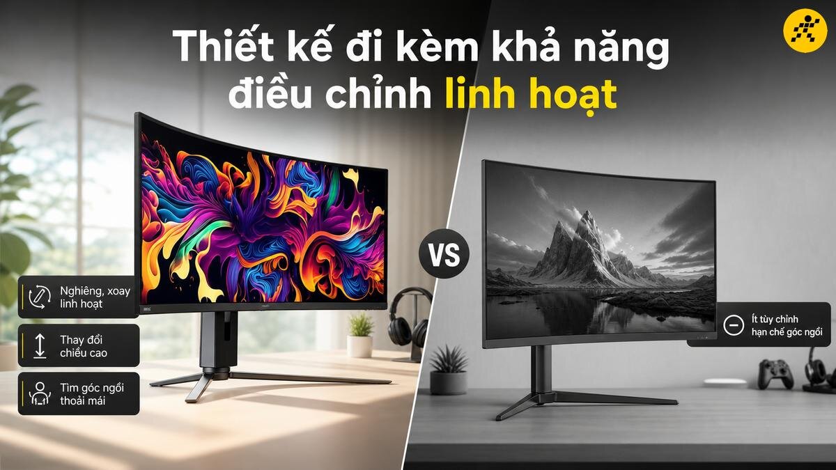 Thiết kế chân đế linh hoạt trên màn hình cong Chân đế màn hình cong hỗ trợ điều chỉnh độ cao, độ nghiêng và công thái học linh hoạt