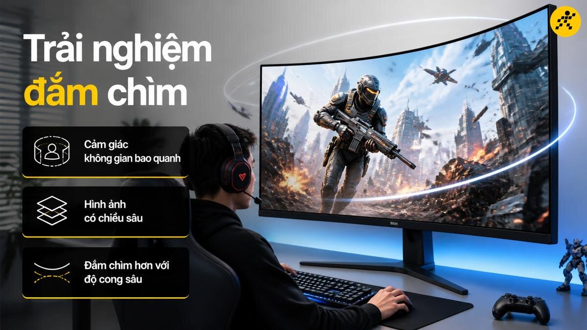 Trải nghiệm giải trí đắm chìm với màn hình cong Trải nghiệm chơi game góc nhìn thứ nhất và xem phim đắm chìm trên màn hình cong siêu rộng