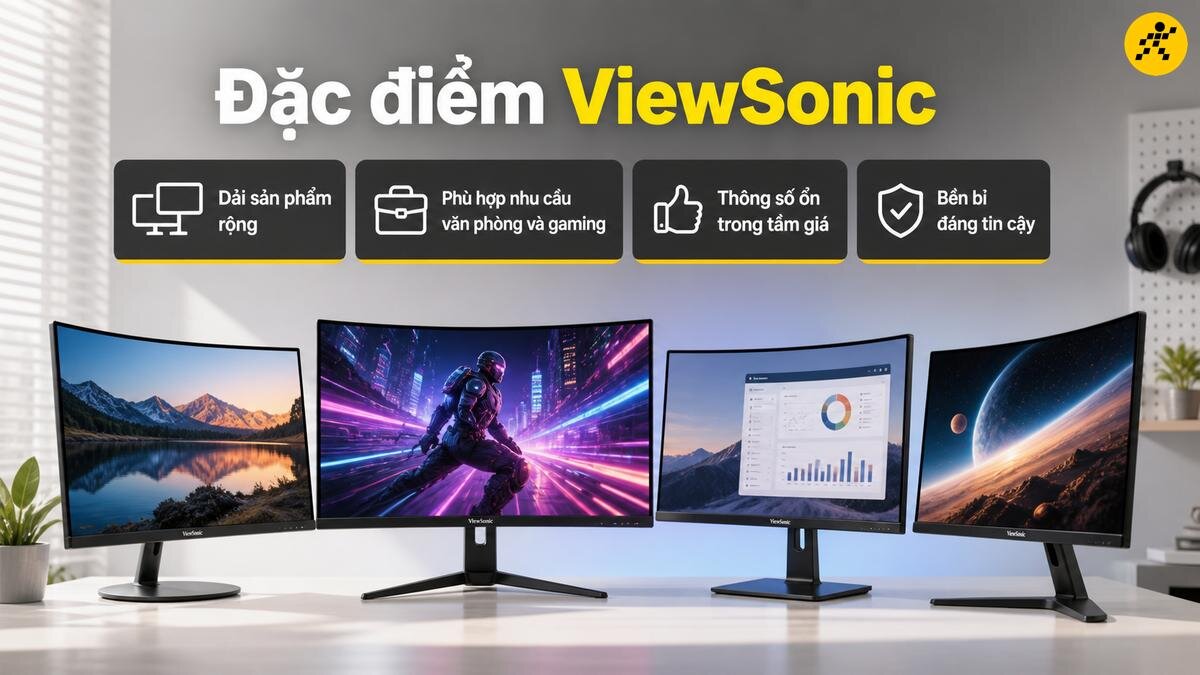Màn hình cong ViewSonic: Đa dạng dòng sản phẩm cho mọi nhu cầu Màn hình máy tính cong ViewSonic thiết kế hiện đại trên bàn làm việc