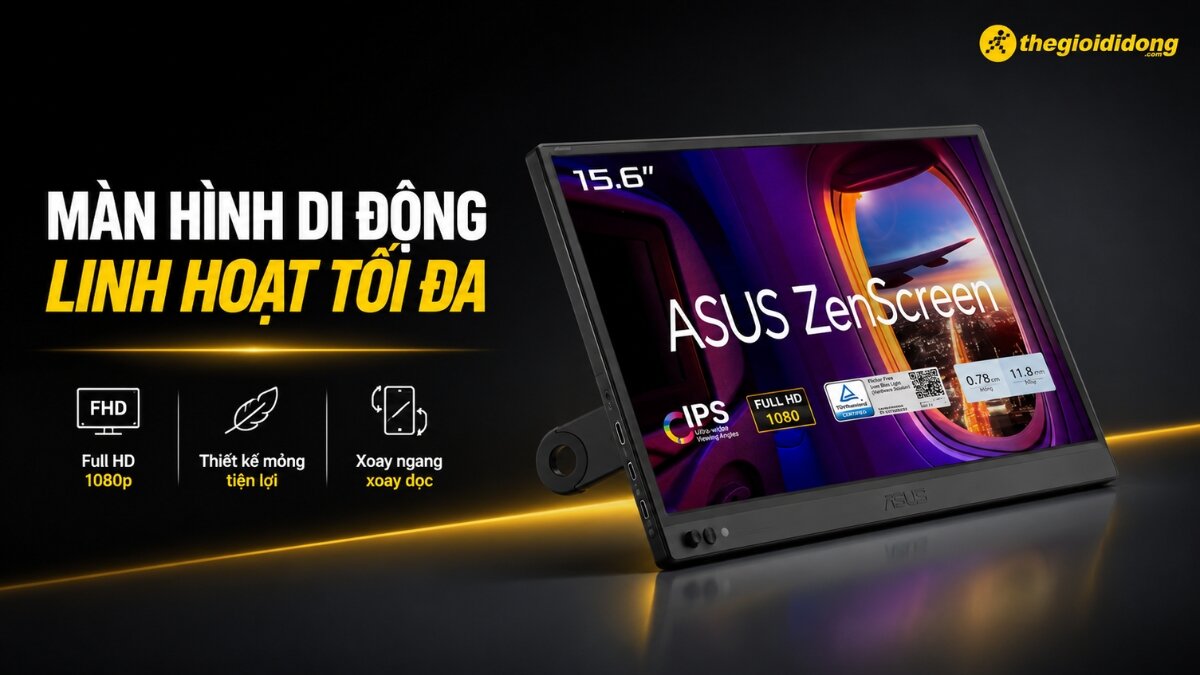 Màn hình di động ASUS ZenScreen 15.6 inch Full HD hiển thị rõ nét, thiết kế mỏng nhẹ và xoay dọc, xoay ngang linh hoạt, lý tưởng cho công việc và giải trí
