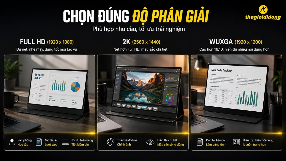Hình ảnh so sánh ba màn hình di động hiển thị độ phân giải Full HD, 2K và WUXGA, với các ứng dụng phù hợp cho từng loại màn hình.