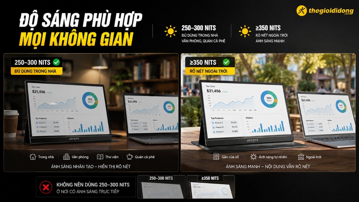 Hình ảnh so sánh độ sáng màn hình di động ARZOPA trong các môi trường khác nhau, từ trong nhà với độ sáng 250-300 nits đến ngoài trời với độ sáng từ 350 nits trở lên, thể hiện khả năng hiển thị rõ nét ở mọi không gian.