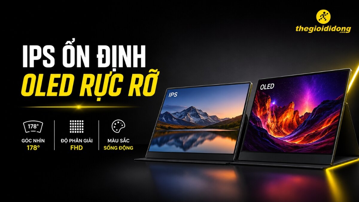 Hình ảnh so sánh hai màn hình di động công nghệ IPS và OLED, với màn hình IPS hiển thị phong cảnh núi hồ và màn hình OLED hiển thị cảnh sắc rực rỡ, kèm theo thông số góc nhìn 178 độ, độ phân giải FHD và màu sắc sống động.