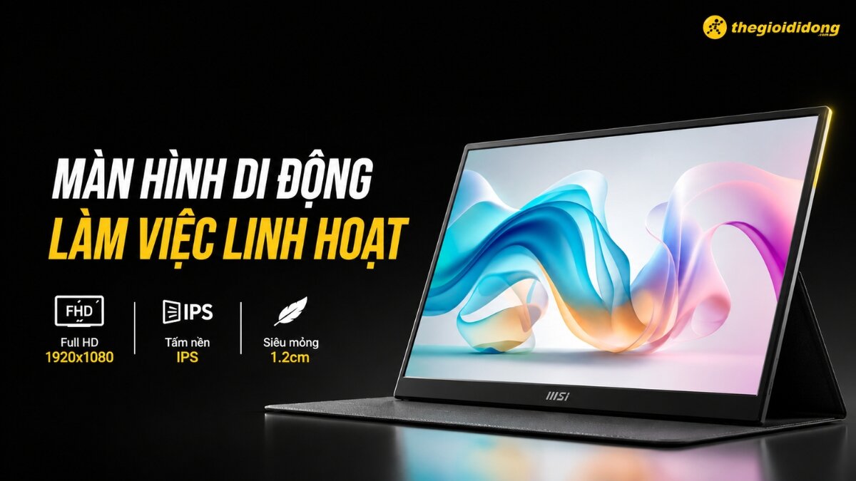 Màn hình di động MSI với màn hình IPS Full HD siêu mỏng 1.2cm, hiển thị hình ảnh trừu tượng màu sắc tươi sáng, đang được dựng đứng bằng vỏ bảo vệ trên nền đen.