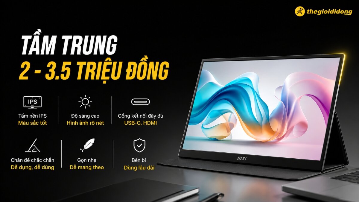 Hình ảnh màn hình di động MSI thể hiện các tính năng nổi bật như tấm nền IPS, độ sáng cao, cổng USB-C/HDMI và thiết kế gọn nhẹ, bền bỉ với chân đế chắc chắn, trong phân khúc giá 2 - 3.5 triệu đồng.