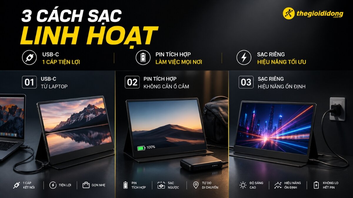 Hình ảnh minh họa 3 cách sạc đa dạng cho màn hình di động, bao gồm sạc qua cổng USB-C từ laptop, sử dụng pin tích hợp với pin sạc dự phòng, và sạc trực tiếp từ nguồn điện tường để đảm bảo hiệu năng ổn định.