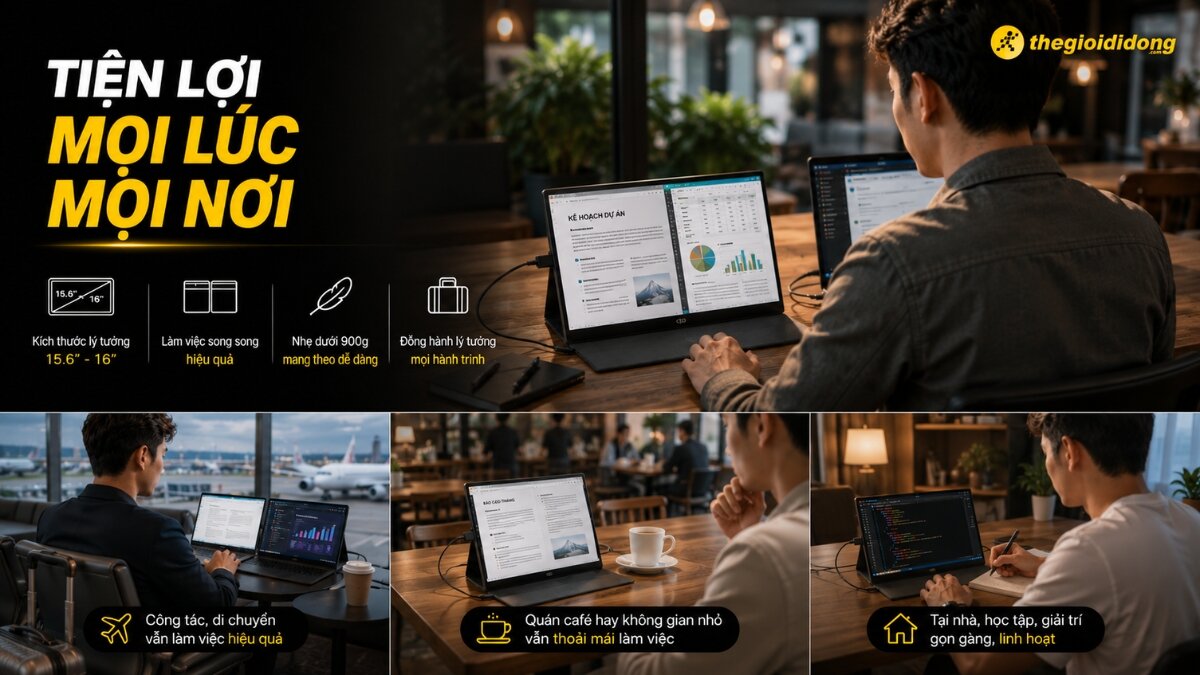 Hình ảnh tổng hợp về các trường hợp sử dụng màn hình di động, từ làm việc tại văn phòng, khi đi công tác tại sân bay, làm việc ở quán cà phê, đến học tập và giải trí tại nhà, thể hiện sự tiện lợi và linh hoạt của sản phẩm.