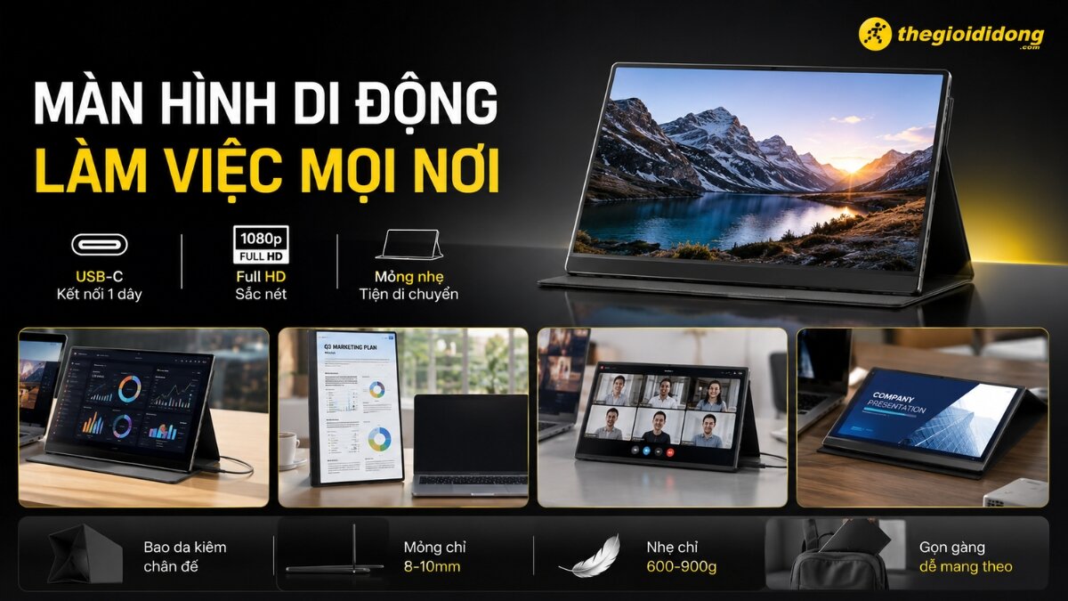 Hình ảnh tổng quan về màn hình di động, hiển thị các tính năng nổi bật như kết nối USB-C, độ phân giải Full HD, thiết kế mỏng nhẹ, cùng các ứng dụng thực tế trong công việc như hiển thị dữ liệu, họp trực tuyến, thuyết trình và đọc tài liệu.