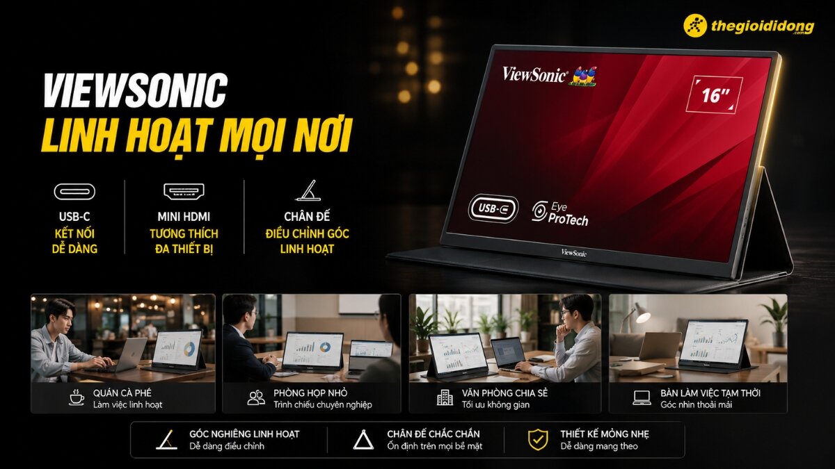 Hình ảnh màn hình di động ViewSonic 16 inch màu đỏ đen nổi bật với các tính năng kết nối USB-C, Mini HDMI và công nghệ Eye ProTech, cùng các ứng dụng thực tế trong quán cà phê, phòng họp, văn phòng chia sẻ và bàn làm việc tạm thời.
