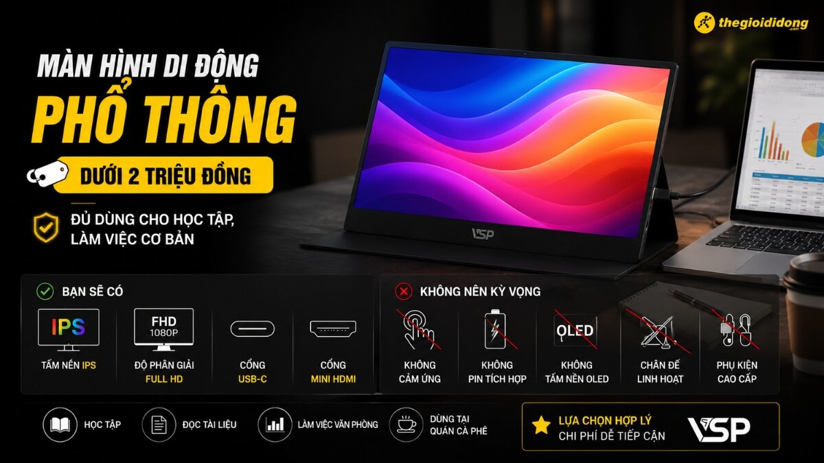 Hình ảnh quảng cáo màn hình di động phổ thông của VSP, hiển thị màn hình VSP kết nối với laptop, trên bàn làm việc cùng cà phê và sổ ghi chép. Màn hình VSP có tấm nền IPS, độ phân giải Full HD, cổng USB-C và Mini HDMI.