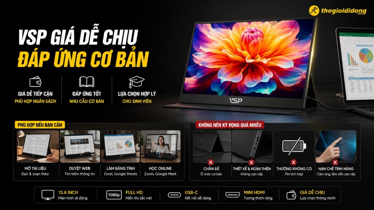 Hình ảnh quảng cáo màn hình di động VSP giá phải chăng, hiển thị các tính năng nổi bật như kết nối USB-C, HDMI và các ứng dụng phù hợp cho học sinh, sinh viên, nhân viên văn phòng.
