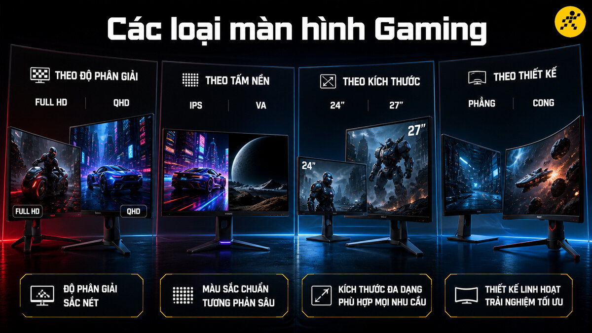 Phân loại màn hình gaming phổ biến Các tiêu chí phân loại màn hình gaming phổ biến theo độ phân giải, tấm nền, kích thước và thiết kế phẳng cong