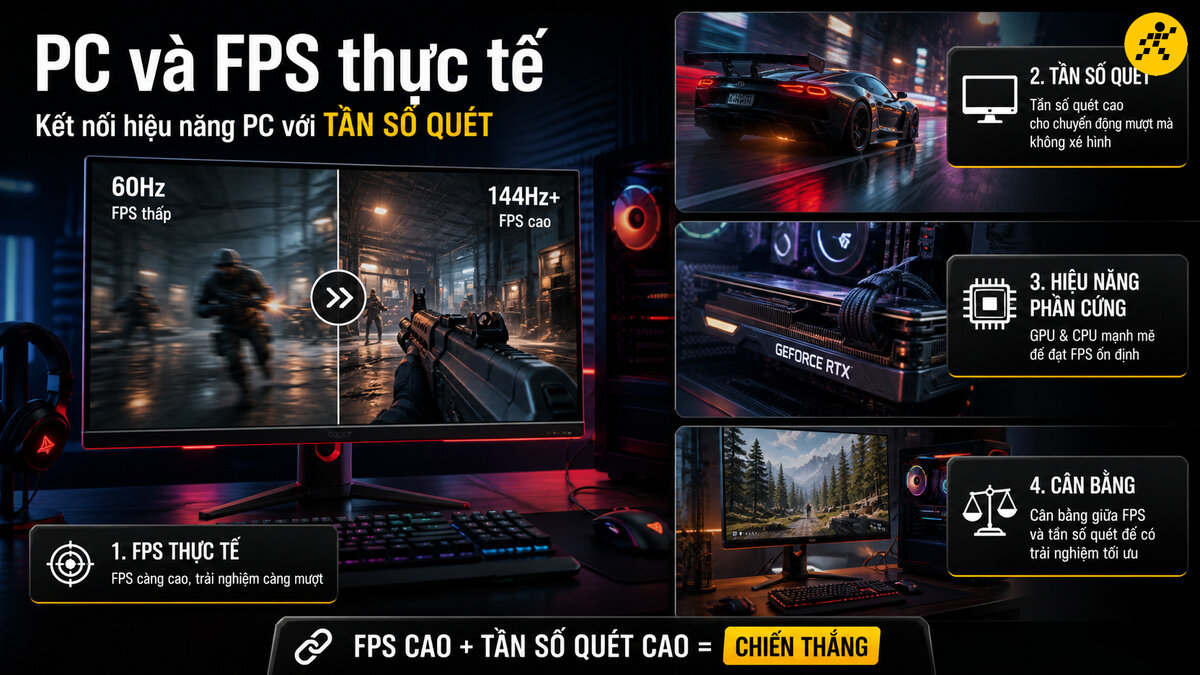 Kết nối cấu hình PC và FPS thực tế với tần số quét màn hình So sánh tần số quét màn hình 60Hz và 144Hz kết hợp cùng hiệu năng card đồ họa PC để tối ưu FPS khi chơi game