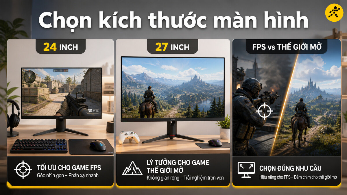 Chọn kích thước màn hình gaming theo từng thể loại game Tư vấn chọn kích thước màn hình gaming 24 inch cho game FPS và 27 inch cho game thế giới mở