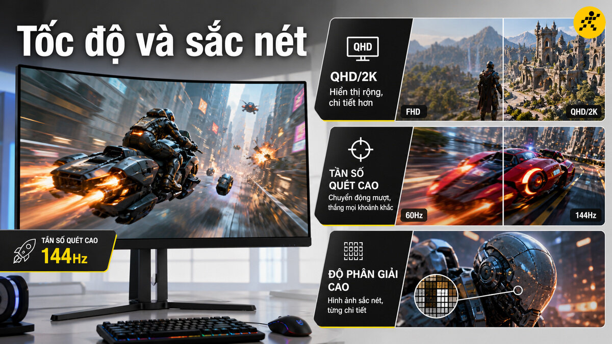 Cân bằng giữa tốc độ tần số quét và độ sắc nét trên màn hình gaming Màn hình gaming tần số quét cao 144Hz kết hợp độ phân giải 2K QHD sắc nét chi tiết