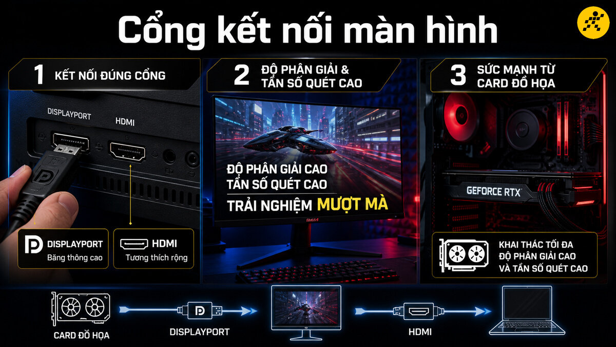 Các cổng kết nối tiêu chuẩn trên màn hình gaming Cổng kết nối DisplayPort và HDMI trên màn hình gaming kết nối với card đồ họa máy tính