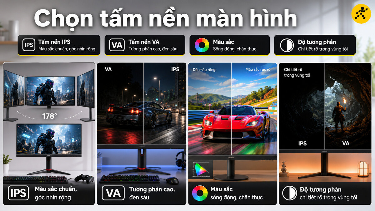 Lựa chọn tấm nền IPS và VA cho màn hình gaming So sánh tấm nền IPS góc nhìn rộng màu sắc chuẩn và tấm nền VA tương phản cao màu đen sâu trên màn hình gaming