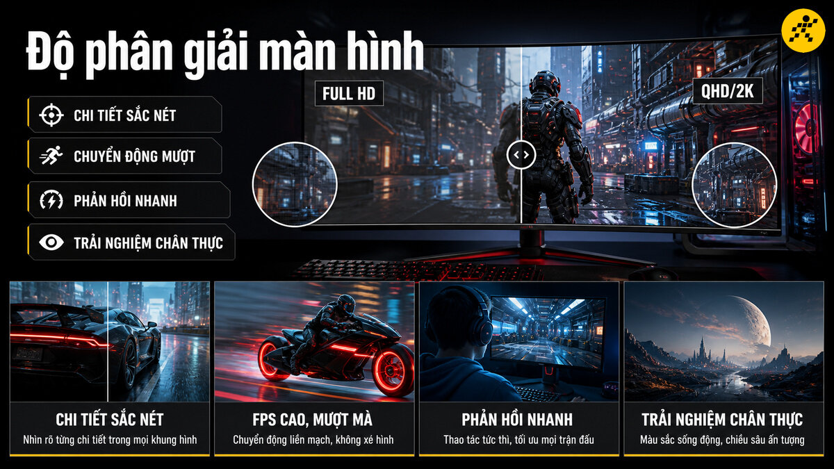 Độ phân giải màn hình gaming Full HD và 2K So sánh độ phân giải màn hình Full HD và QHD 2K trên màn hình gaming cong với các chi tiết game sắc nét