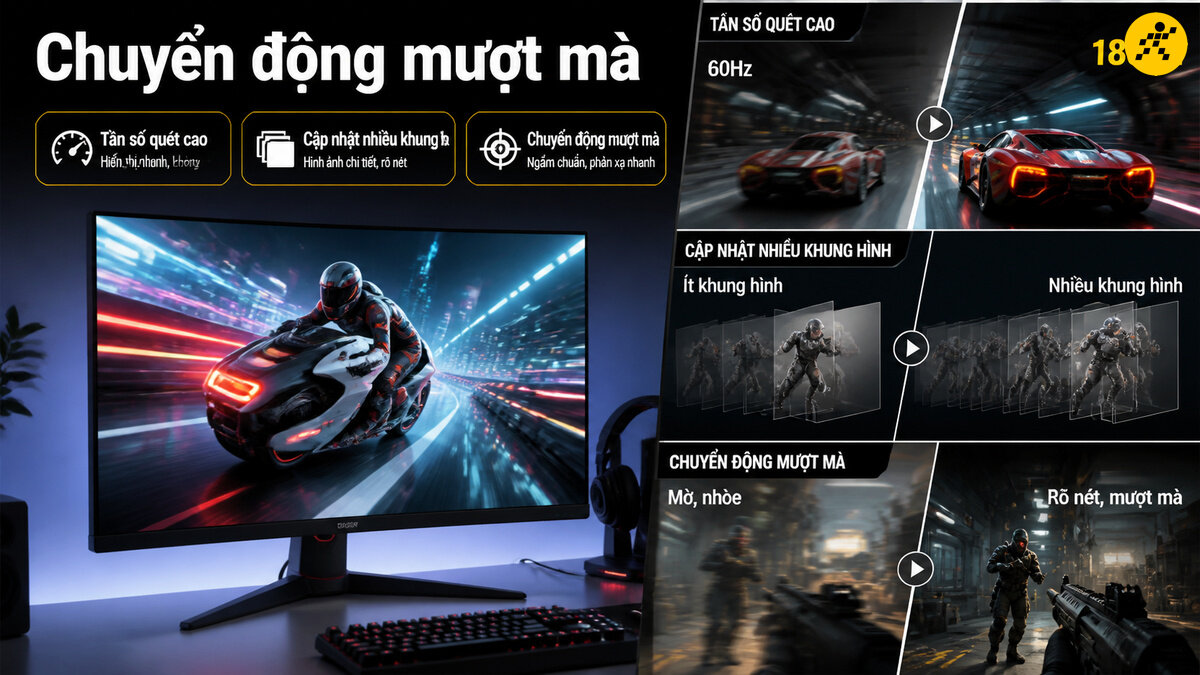 Chuyển động mượt mà trên màn hình gaming tần số quét cao Màn hình gaming hiển thị chuyển động mượt mà với tần số quét cao so sánh với màn hình 60Hz thông thường