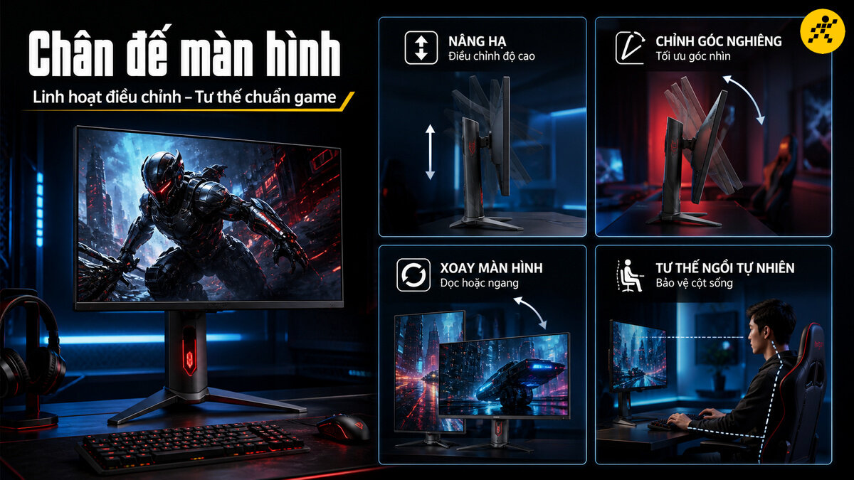 Khả năng điều chỉnh chân đế công thái học màn hình gaming Chân đế màn hình gaming công thái học hỗ trợ nâng hạ độ cao, xoay dọc ngang và điều chỉnh góc nghiêng linh hoạt