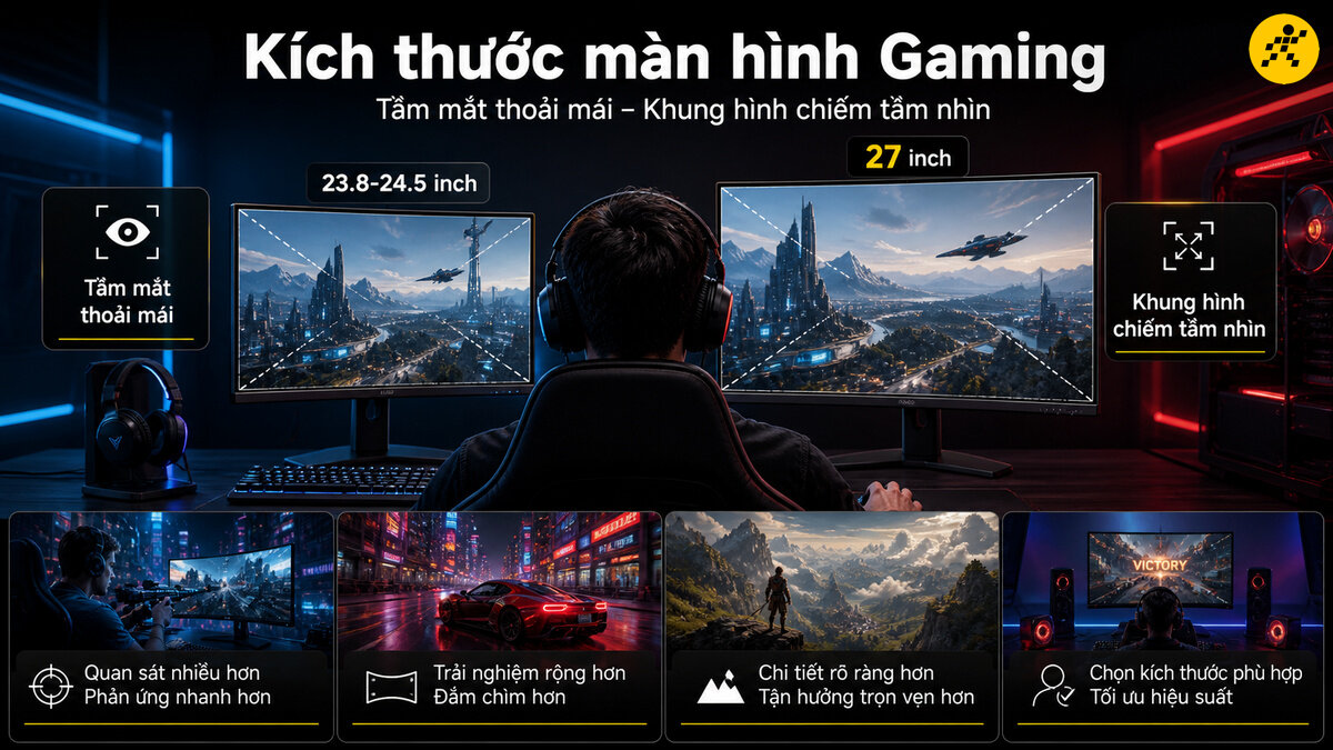 Lựa chọn kích thước màn hình gaming 24 inch và 27 inch So sánh kích thước màn hình gaming 24 inch góc nhìn tập trung và 27 inch bao quát toàn cảnh không gian game